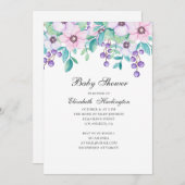 水彩パープルとピンクのフローラベビーシャワー 招待状 (正面/裏面)