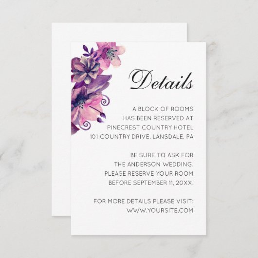 水彩パープルとピンクのフローラ結婚の詳細 エンクロージャーカード (正面/裏面)