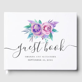 水彩パープルとピンクのフローラ結婚スクリプト ゲストブック