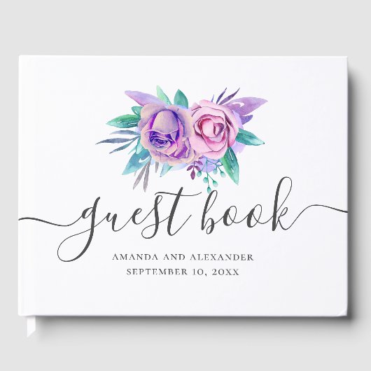 水彩パープルとピンクのフローラ結婚スクリプト ゲストブック (正面)