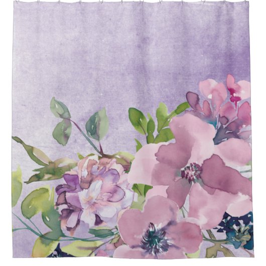 水彩パープルとメイブの花 シャワーカーテン (正面)