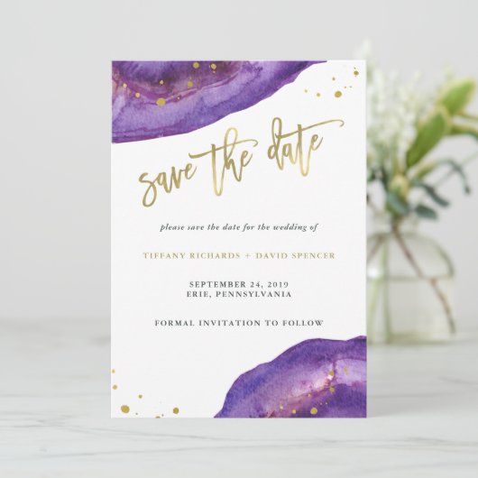 水彩パープルと金ゴールドグード日付を保存 セーブザデート (スタンド正面)