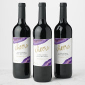 水彩パープルと金ゴールドゲ結婚ード応援 ワインラベル (ボトル)