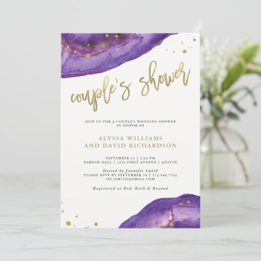 水彩パープルと金ゴールドジョードカップルのシャワー 招待状 (スタンド正面)