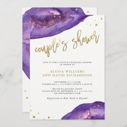 水彩パープルと金ゴールドジョードカップルのシャワー 招待状 (正面/裏面)