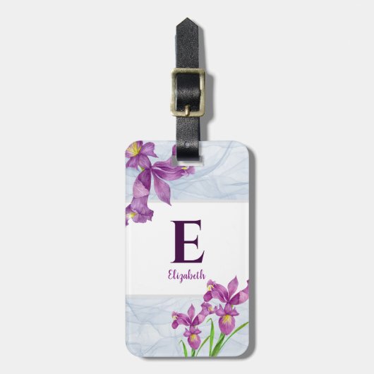 水彩パープルアイリスフローラオルガンザモノグラム ラゲッジタグ (正面縦)