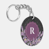 水彩パープルアイリスブラックダマスクモノグラム キーホルダー (正面左)