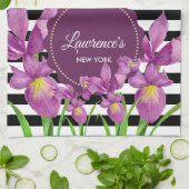 水彩パープルアイリス白黒ストライプパターン キッチンタオル (折り畳み)