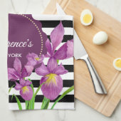 水彩パープルアイリス白黒ストライプパターン キッチンタオル (四つ折り)