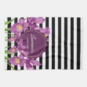 水彩パープルアイリス白黒ストライプパターン キッチンタオル (横)