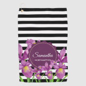 水彩パープルアイリス白黒ストライプパターン ゴルフタオル (正面)