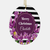 水彩パープルアイリス白黒ストライプパターン セラミックオーナメント (右)