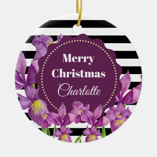 水彩パープルアイリス白黒ストライプパターン セラミックオーナメント (正面)