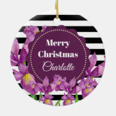 水彩パープルアイリス白黒ストライプパターン セラミックオーナメント (裏面)