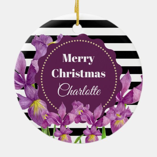 水彩パープルアイリス白黒ストライプパターン セラミックオーナメント (裏面)