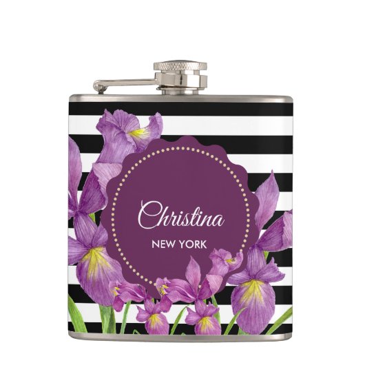 水彩パープルアイリス白黒ストライプパターン フラスク (正面)