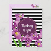 水彩パープルアイリス白黒ストライプパターン ポストカード (正面/裏面)