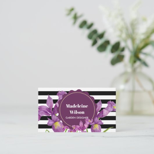 水彩パープルアイリス白黒ストライプパターン 名刺 (スタンド正面)