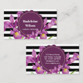 水彩パープルアイリス白黒ストライプパターン 名刺 (正面/裏面)