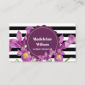 水彩パープルアイリス白黒ストライプパターン 名刺 (正面)