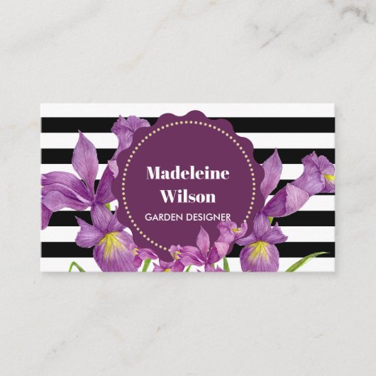水彩パープルアイリス白黒ストライプパターン 名刺 (正面)