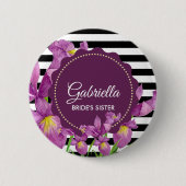 水彩パープルアイリス白黒ストライプパターン 缶バッジ (正面)