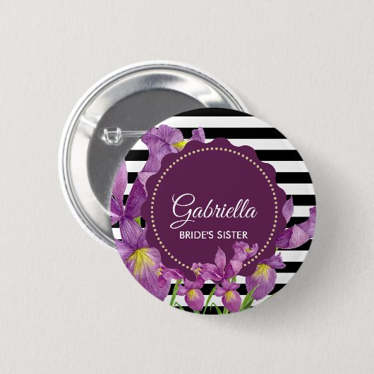 水彩パープルアイリス白黒ストライプパターン 缶バッジ (正面&裏面)