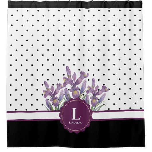 水彩パープルアイリス白黒水玉模様表示 シャワーカーテン (正面)