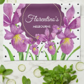 水彩パープルアイリス白黒水玉模様 キッチンタオル (折り畳み)