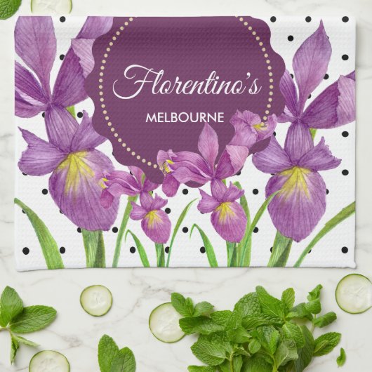 水彩パープルアイリス白黒水玉模様 キッチンタオル (折り畳み)