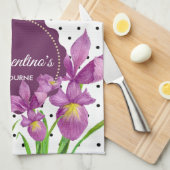 水彩パープルアイリス白黒水玉模様 キッチンタオル (四つ折り)