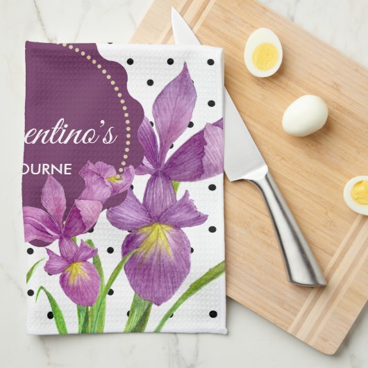 水彩パープルアイリス白黒水玉模様 キッチンタオル (四つ折り)