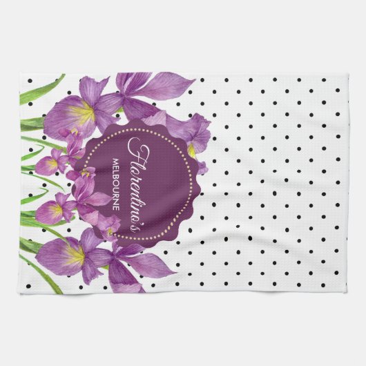 水彩パープルアイリス白黒水玉模様 キッチンタオル (横)