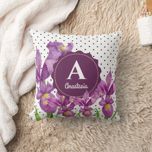 水彩パープルアイリス白黒水玉模様 クッション (ブランケット)