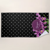 水彩パープルアイリス白黒水玉模様 ビーチタオル (正面)