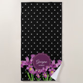 水彩パープルアイリス白黒水玉模様 ビーチタオル (正面)