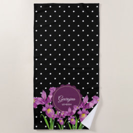 水彩パープルアイリス白黒水玉模様 ビーチタオル