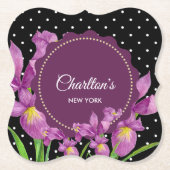 水彩パープルアイリス白黒水玉模様 ペーパーコースター (正面)