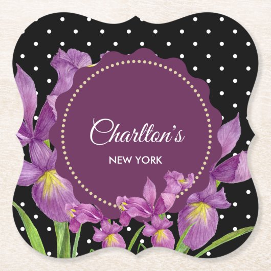 水彩パープルアイリス白黒水玉模様 ペーパーコースター (正面)