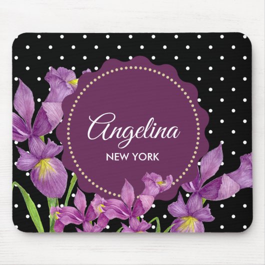 水彩パープルアイリス白黒水玉模様 マウスパッド (正面)