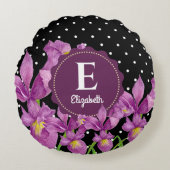 水彩パープルアイリス白黒水玉模様 ラウンドクッション (正面)