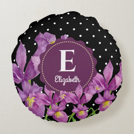 水彩パープルアイリス白黒水玉模様 ラウンドクッション (裏面)