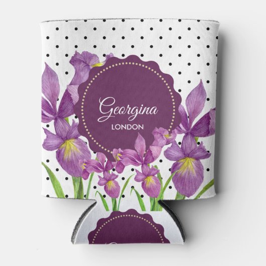 水彩パープルアイリス白黒水玉模様 缶クーラー (正面)