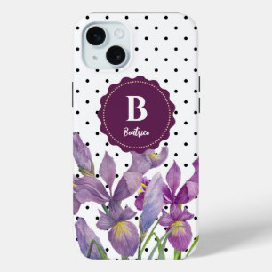 水彩パープルアイリス白黒水玉模様 iPhone 15 MINIケース