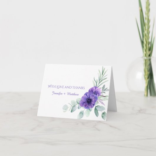 水彩パープルアネモネグリーンありがとう サンキューカード (正面)