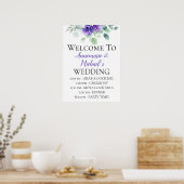 水彩パープルアネモネ結婚ーズへようこそ ポスター (キッチン)