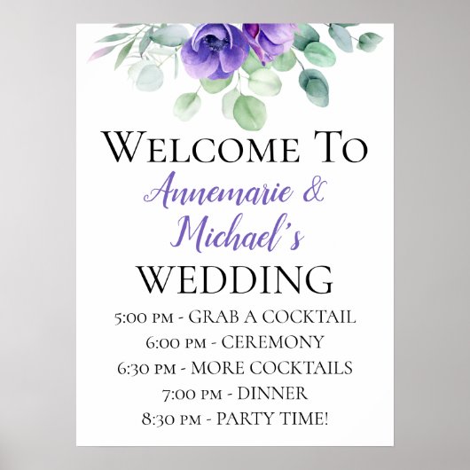 水彩パープルアネモネ結婚ーズへようこそ ポスター (正面)