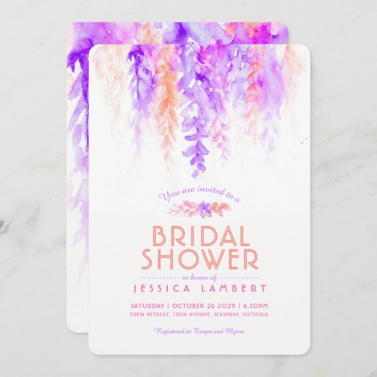 水彩パープルオレンジブライダルシャワー招待状 招待状 (正面/裏面)