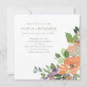 水彩パープルオレンジ結婚フローラズスクエア 招待状 (正面)