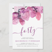 水彩パープルオーキッド 40歳の誕生日パーティー 招待状 (正面)